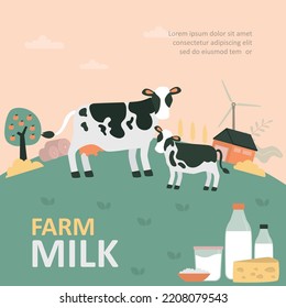 Milk farm, countryside, eco-friendly ranch. Happy cows graze in the field. Village, rural view. Cute animals, dairy products, fresh organic food. Flat vector illustration