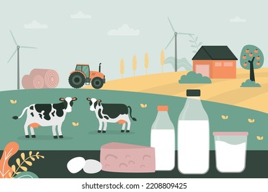 Milk farm, countryside, eco-friendly ranch. Happy cows graze in the fields. Village, rural view. Cute animals, fresh organic food. Bottles with milk and dairy products. Flat vector illustration