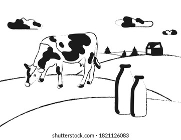 Milk farm. Cows graze in the meadow. Rural landscape, village. Milk jars with grass . Stock vector illustration. Sketch style. 