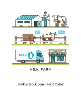 Milk Farm. Delivery dairy product. Vector illustration in linear graph.