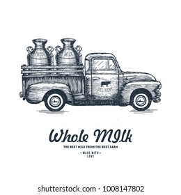 Milk farm delivery. Truck engraved illustration. Vintage husbandry. Vector illustration