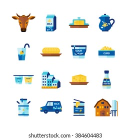 Milk farm ecological dairy fresh products delivery flat icons set with cottage cheese abstract isolated vector illustration