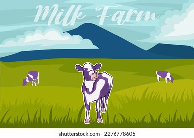 Milk farm field. dairy farms landscape, cow on ranch fields and country farming cows vector illustration