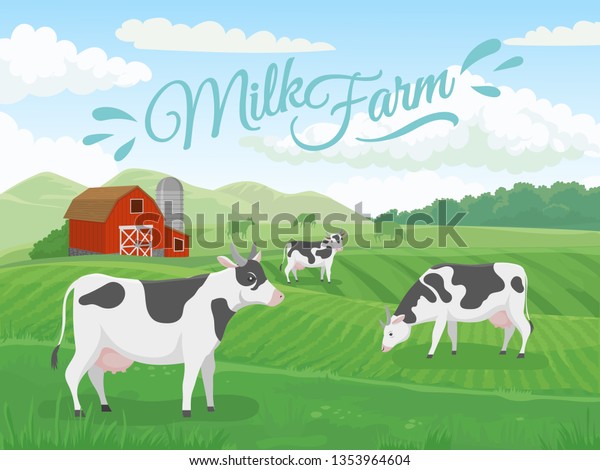 牛乳農場 酪農場 牧場の牛 田畑の牛 田舎の牛 牛のいる自然搾乳農業畑や乳の多い牧草地 国側のベクター画像イラスト のベクター画像素材 ロイヤリティフリー