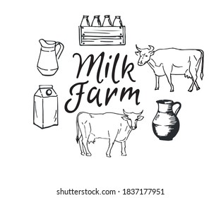 Milk farm hand drawn text with cows, and set various milk products. Fresh organic milk products set.
Farmer shop design template.