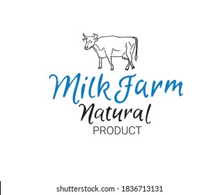 Milk farm hand lettering. Dairy farm with cow illustration. Fresh organic milk products.