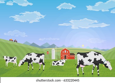 milk farm. A herd of cows graze in a meadow in the farmyard. Beautiful countryside background. Vector illustration flat

