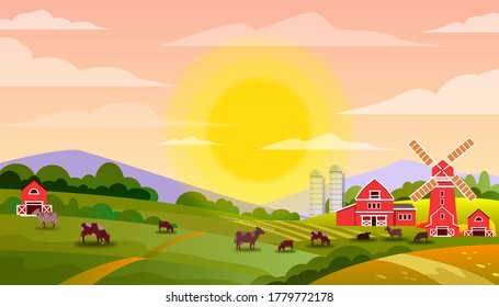 Milk farm landscape with cows, green fields, sun, mill, red barn, morning sky. Organic farming vector background in flat style with livestock, bulls, meadow. Agriculture milk produce concept