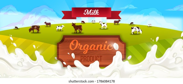 Milk farm landscape with cows, red ribbon, green hills, wooden signboard, clouds. Agriculture farming banner with milk splash, herd, fields, meadow. Rural countryside background in cartoon style