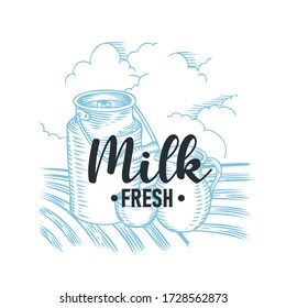 Milk, milk farm logo, tag, emblem. Hand drawn label for food packaging, menu, rastaurants. Engraving sketch vector illustration.