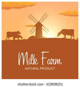 Milk farm natural product. Rural landscape with mill and cows. Dawn in the village