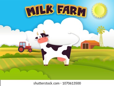 Milk farm poster. Vector illustration in modern paper art style. Rural landscape, cow, tractor, farm. Dairy farming business ad design template.