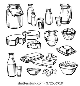 Milk and farm product. Set of hand drawn vector elements.