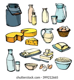 Milk and farm product. Set of hand drawn vector elements: cheese, milk, eggs, butter, bottle, cream