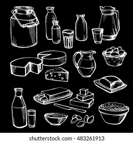 Milk and farm product. Set of hand drawn vector elements on black. Vector dairy products: milk, cheese, butter, yogurt, cheese, sour cream, eggs.