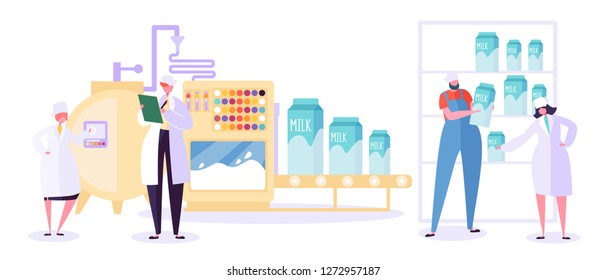 Milk Farm Production Industry Line Collection. Dairy Food Machine Plant Set. Modern Woman Character Test Dairy Beverage Quality In Manufacture Tank Refrigerator Flat Cartoon Vector Illustration