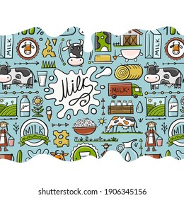 Granja de leche, fondo de patrón sin foco para su diseño. Ilustración del vector