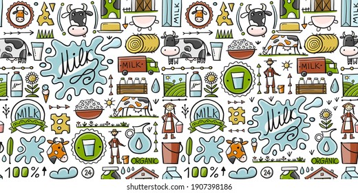 Milk farm, Seamless Pattern Background for your design. Vector illustration