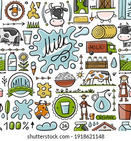 Milk farm, Seamless Pattern Background for your design. Vector illustration