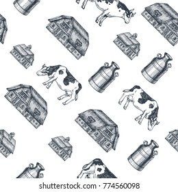 Milk farm seamless pattern. Cow, farm, milk can engraved illustration. Vintage husbandry. Vector illustration