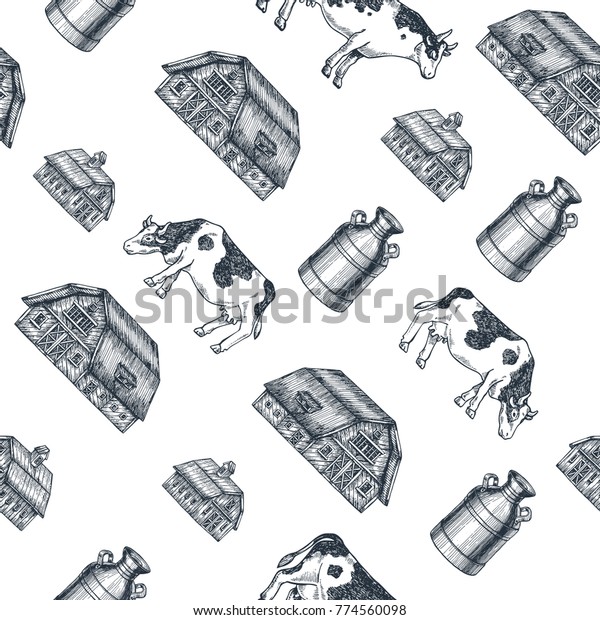 Milk farm seamless pattern. Cow, farm, milk can engraved illustration. Vintage husbandry. Vector ...