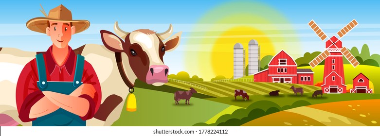 Milk farm vector background with cows, male farmer, green fields, sun, mill, barn. Village dairy concept with bull, livestock. Agriculture countryside landscape in flat style with cheerful cowboy 