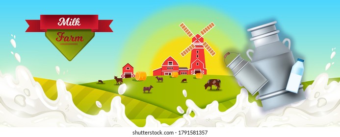 Milk farm vector background with grazing cows, splash, cans, mill, raising sun, haystacks. Rural farming landscape with milk bottle, livestock, green field, ribbon. Illustration for dairy products