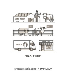 Milk farm. Vector illustration in linear graph.