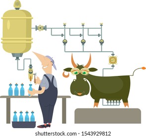 Milk farm, worker and cow illustration. Cartoon comic cow being milked by machine and producing milk, cream and yogurt isolated illustration
