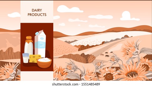 Milk farm.Vector template of a banner or first screen for a landing page with a logo and place for text and illustration of a rural farm with agricultural equipment.
