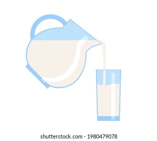 Milk fill in glass, jug full cup. Fresh milk drink with vitamins. Milk beverage for breakfast. Vector flat illustration isolated