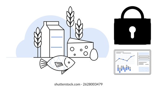 Milk, fish, cheese, wheat, and egg set against simplified background. Black lock symbol and data chart with graphs and metrics. Ideal for food industry, cybersecurity, analytics, agriculture