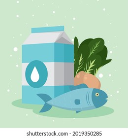 milk fish and eggs on green background