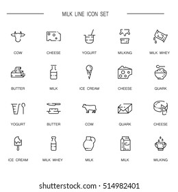 Milk Flat Icon Set. Collection Of High Quality Outline Symbol Of Milk Food For Web Design, Mobile App. Vector Thin Line Vector Icons Or Logo Of Cow, Milk, Butter, Cheese, Ice Cream, Etc