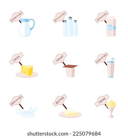 Milk flat icons set with pitcher bottles carton cheese yogurt glass drops butter cream isolated vector illustration