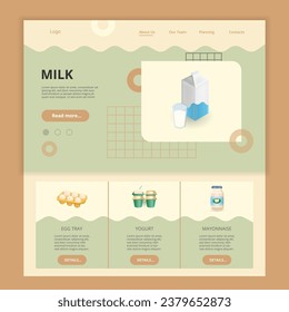 Milk flat landing page website template. Egg tray, yogurt, mayonnaise. Web banner with header, content and footer. Vector illustration.