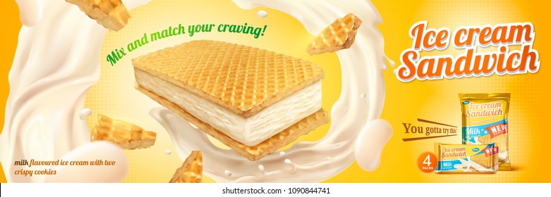 Milk flavoured ice cream sandwich with wafer cookies and swirling fillings in illustration, chrome yellow background