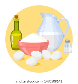 Milk, flour and egg. Ingredient for cooking on the kitchen. Homemade sweet bakery. Vector illustration in cartoon style