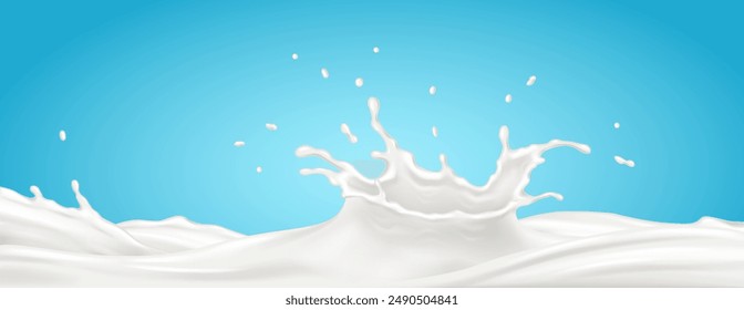 Milk flow with crown splash realistic vector illustration. Dairy and cosmetic cream product texture 3d object on blue background