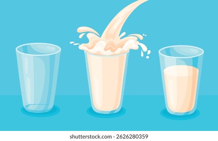 O leite flui em vidro. Iogurte despeje xícara cheia ou vazia com respingo de leite, creme de leite iogurte líquido bebida leiteira leite shake orgânico fresco produto agrícola, ilustração vetor puro arte original