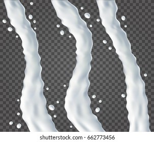 The milk flowing. 3d Realistic white liquid on transparent background. Natural dairy products vector set