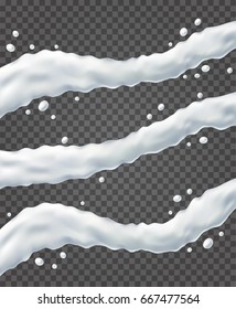 The milk flowing. 3d Realistic white liquid on transparent background. Natural dairy products vector set