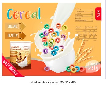 Milk flowing into a bowl with cereal. Design element for packaging and advertising. Vector