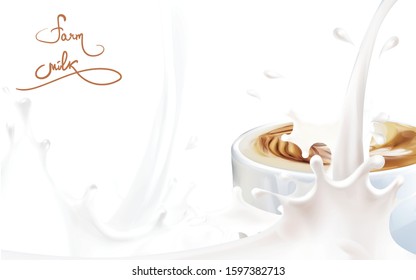 the milk flowing, in motion, splashing milk isolated vector cup of cappuccino with cream