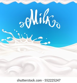 the milk flowing, in motion, splashing milk isolated vector lettering