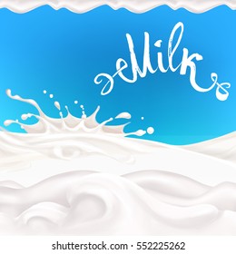 the milk flowing, in motion, splashing milk isolated vector lettering