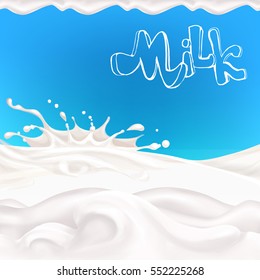 the milk flowing, in motion, splashing milk isolated vector lettering