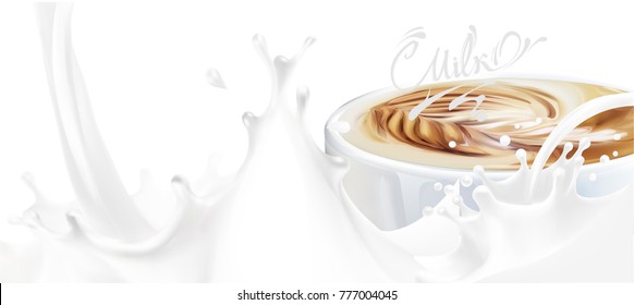 the milk flowing, in motion, splashing milk isolated vector cappuccino coffee with milk

