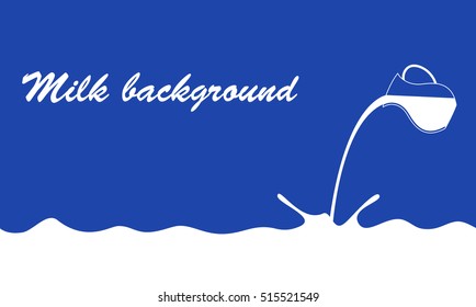Milch fließt von Krug auf blauem Hintergrund. Vektorbanner