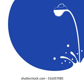 Milk flows from jug on blue background. Advertising banner template
